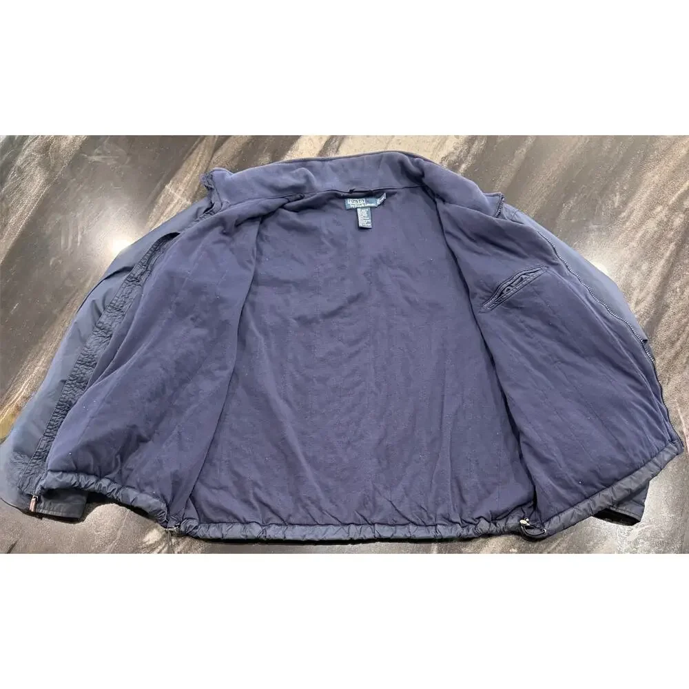 Polo Ralph Lauren Mens XXL Navy Windbreaker Jacket Zip Out Hood Leather Trim